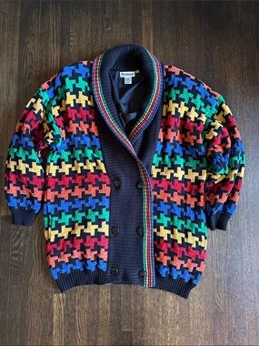 Premier Multicolor Houndstooth Shawl-Collar Oversized Double Breast Cardigan ML